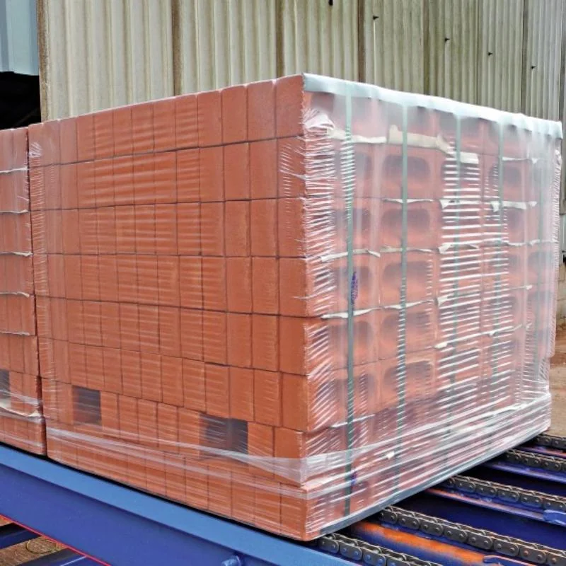 Palletized bricks bundled in clear polyethylene shrink film