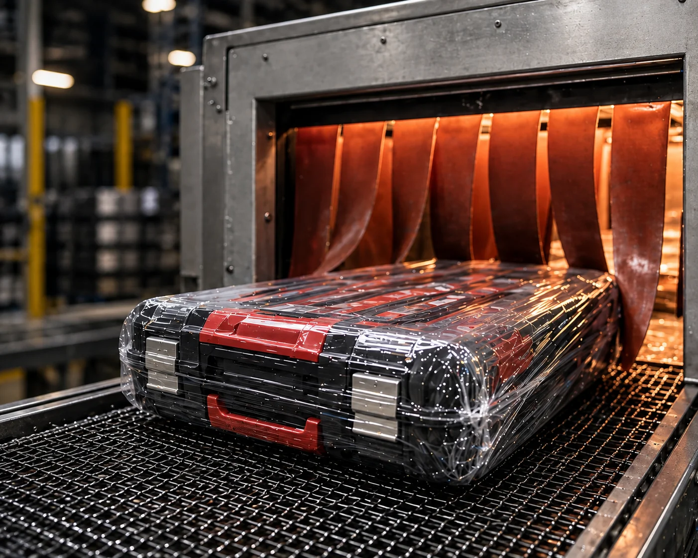 Toolbox packaged in clear polyethylene shrink film exiting an industrial heat tunnel